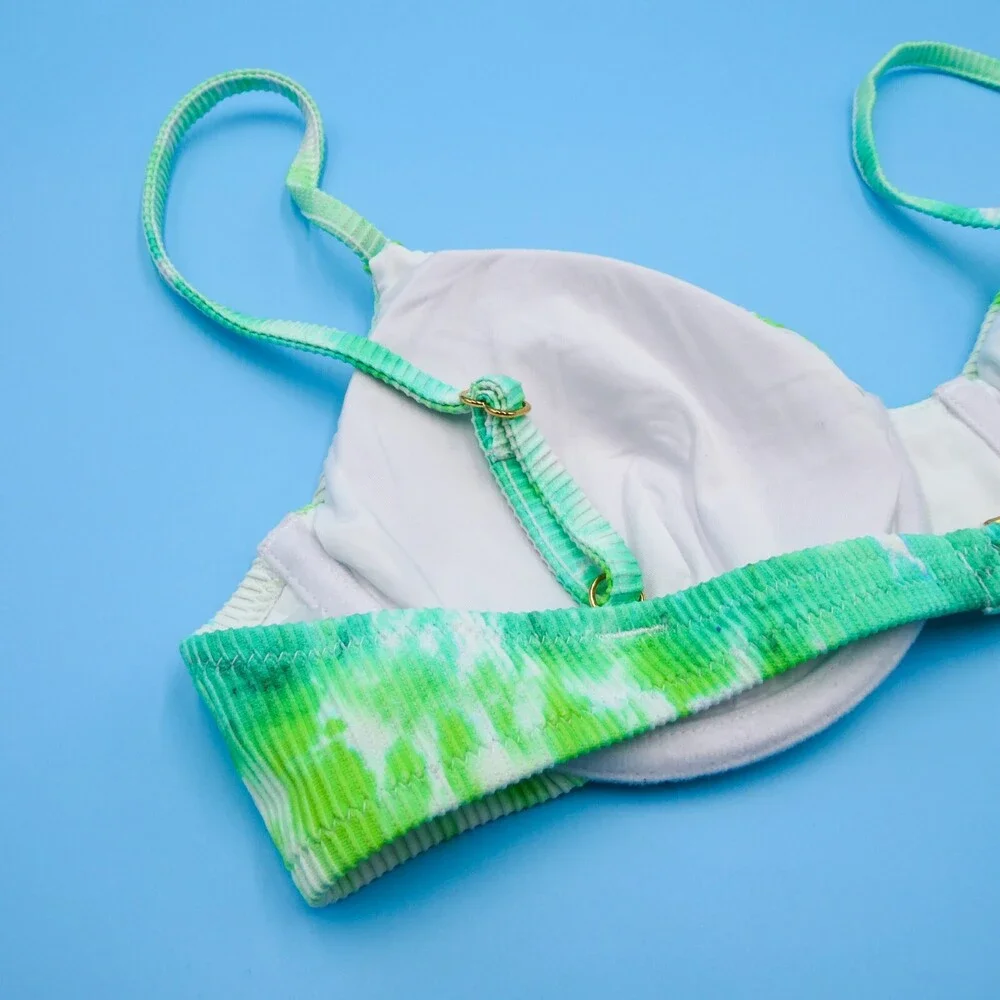 Victorias Secret Green Tie Dye Ribbed Large Underwired‎ Padded Bikini Top VS New